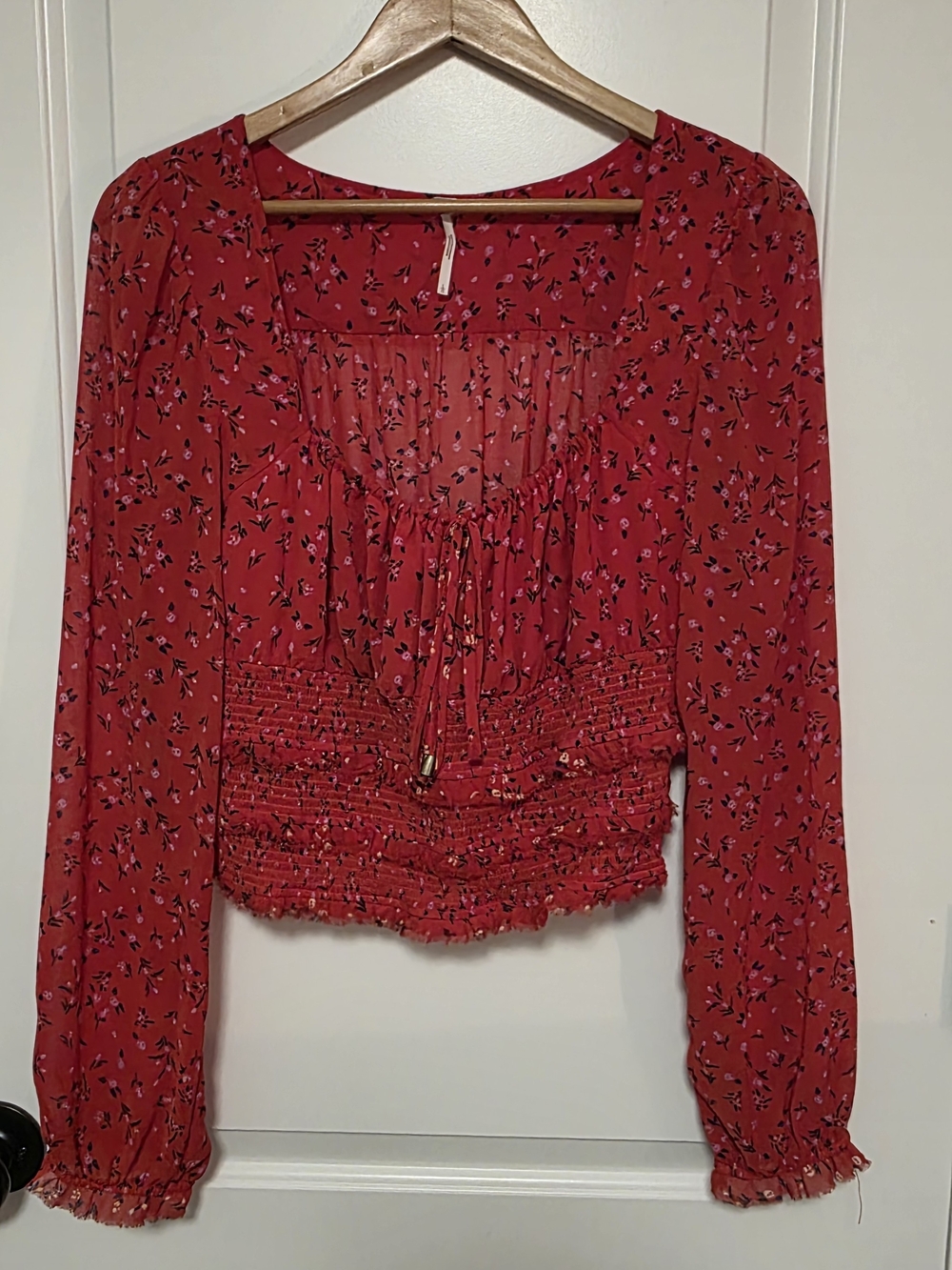Free People Red Floral Smocked Tie-Front Blouse